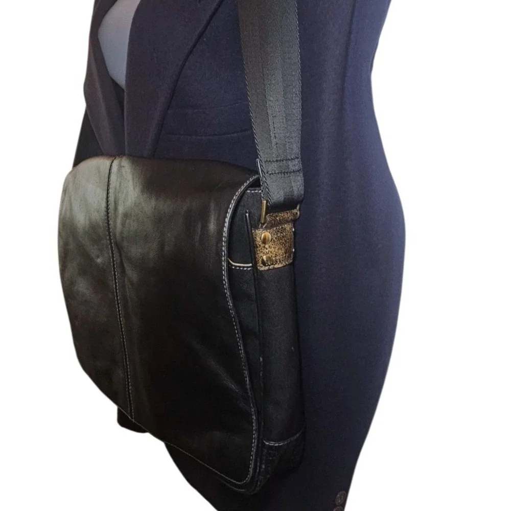 Boconi Black‎ Leather Messenger Bag Briefcase Crossbody Laptop Satchel Work Bag